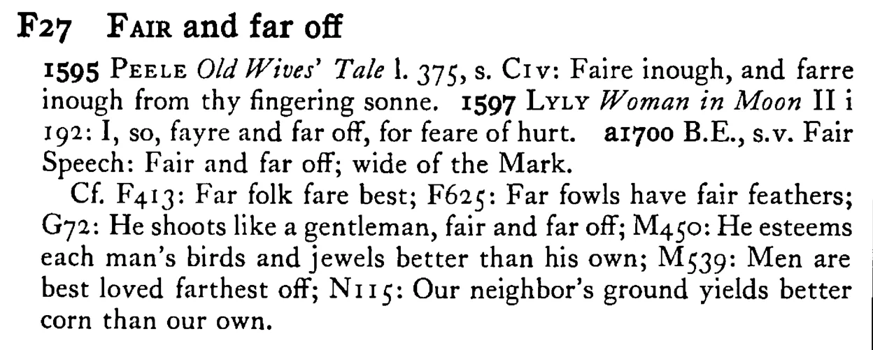 FAIR and far off - a scanned entry from Tilley's 1950 Dictionary of Proverbs.