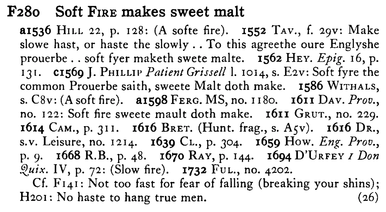 Soft FIRE makes sweet malt - a scanned entry from Tilley's 1950 Dictionary of Proverbs.