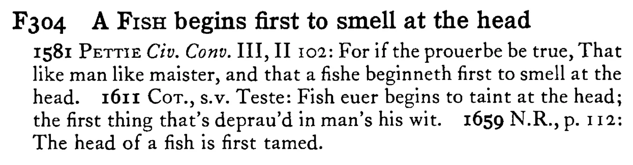 A FISH begins first to smell at the head - a scanned entry from Tilley's 1950 Dictionary of Proverbs.