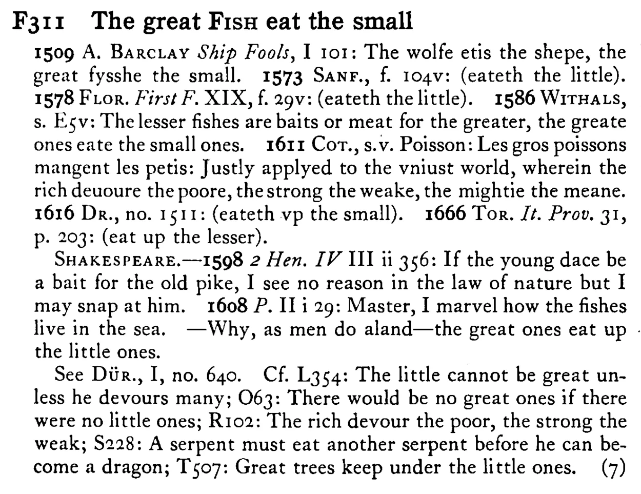 The great FISH eat the small - a scanned entry from Tilley's 1950 Dictionary of Proverbs.