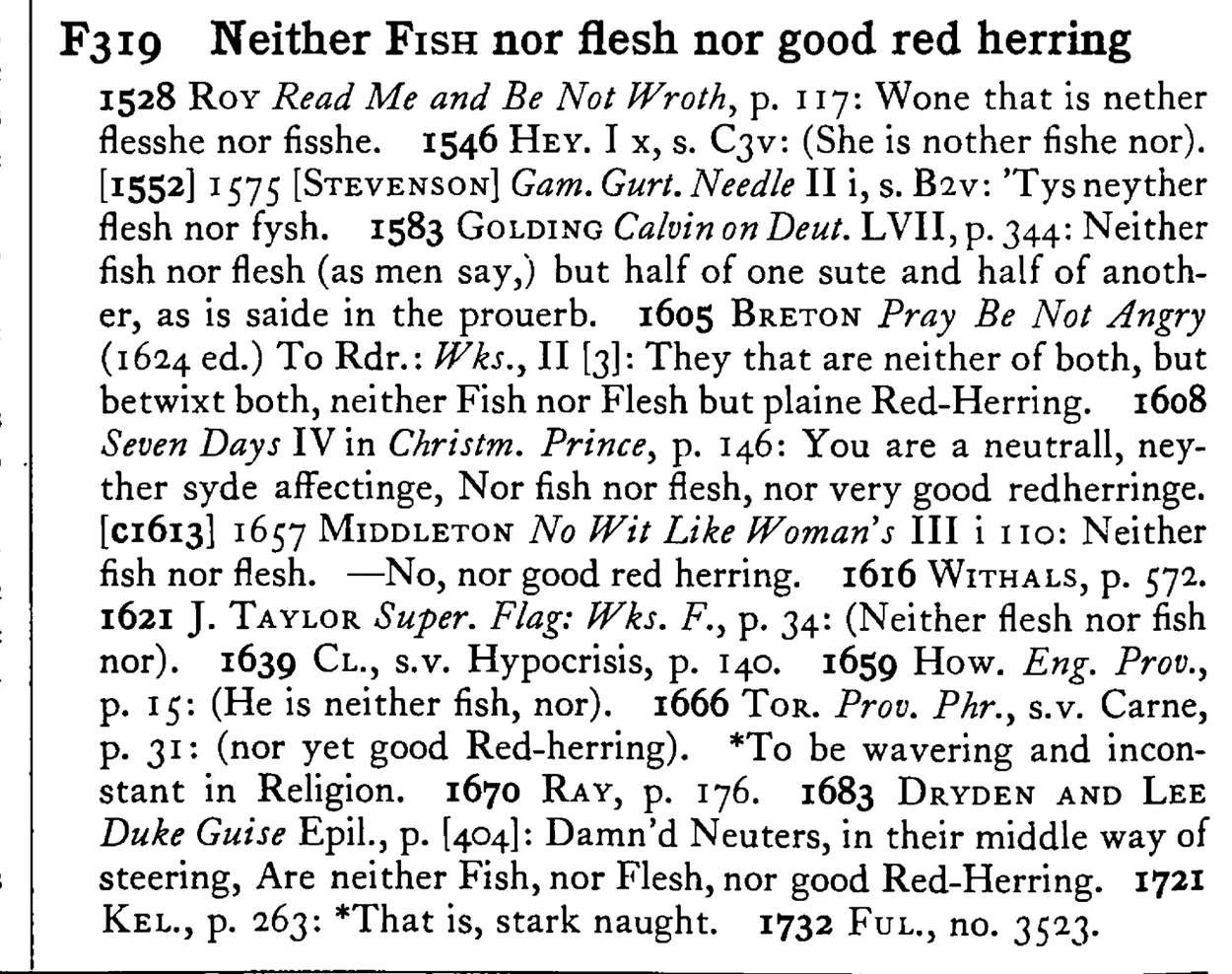 Neither FISH nor flesh nor good red herring - a scanned entry from Tilley's 1950 Dictionary of Proverbs.