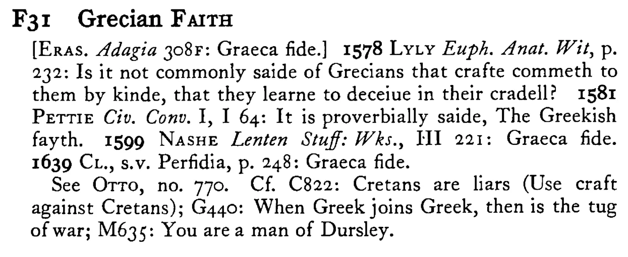 Grecian FAITH - a scanned entry from Tilley's 1950 Dictionary of Proverbs.