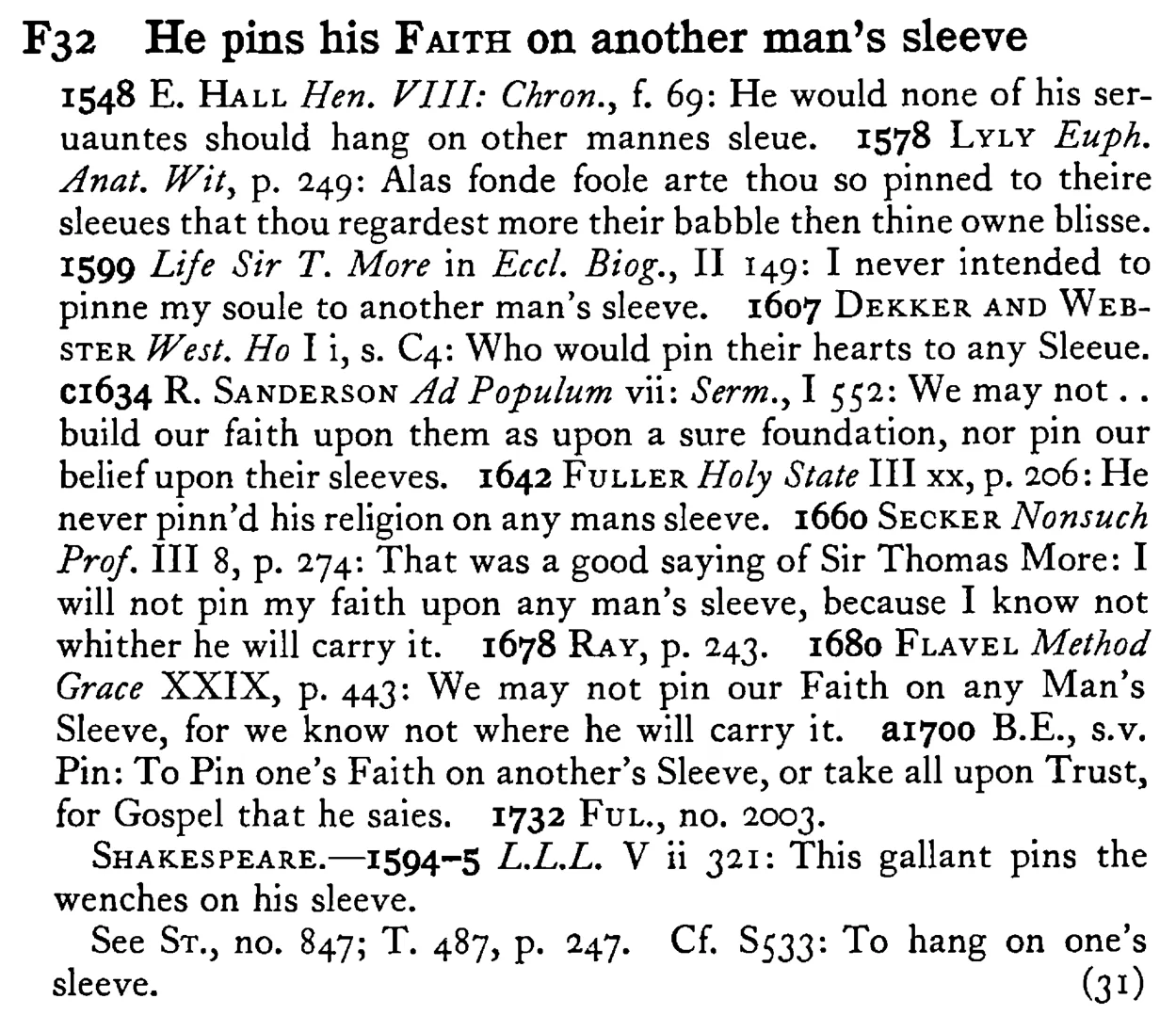 He pins his FAITH on another man's sleeve - a scanned entry from Tilley's 1950 Dictionary of Proverbs.