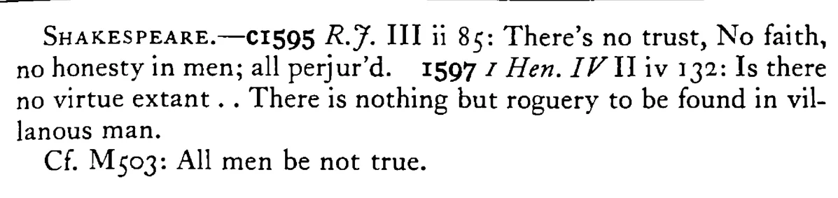 There is no FAITH in man - a scanned entry from Tilley's 1950 Dictionary of Proverbs. (continuation)