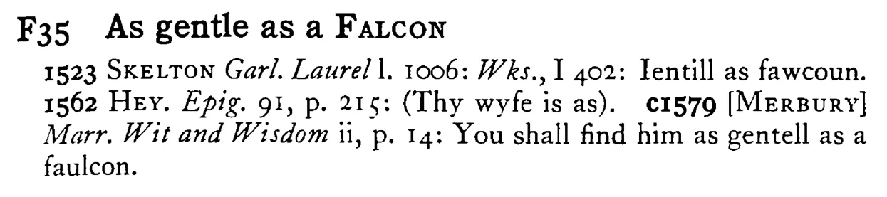 As gentle as a FALCON - a scanned entry from Tilley's 1950 Dictionary of Proverbs.