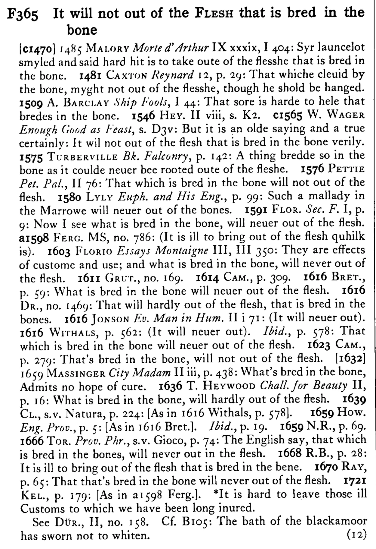 It will not out of the FLESH that is bred in the bone - a scanned entry from Tilley's 1950 Dictionary of Proverbs.
