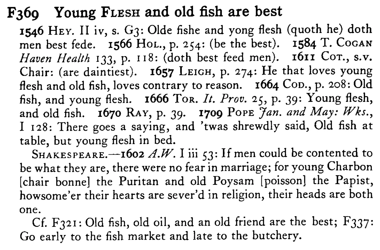 Young FLESH and old fish are best - a scanned entry from Tilley's 1950 Dictionary of Proverbs.