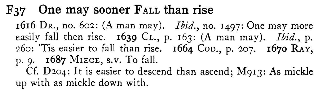 One may sooner FALL than rise - a scanned entry from Tilley's 1950 Dictionary of Proverbs.