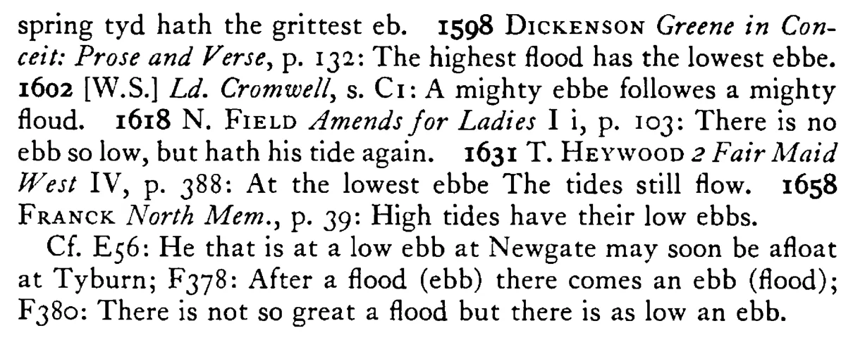 High FLOODS (Low ebbs) have low ebbs (high floods) - a scanned entry from Tilley's 1950 Dictionary of Proverbs. (continuation)