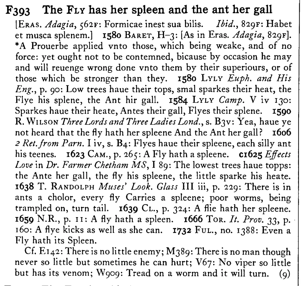 The FLY has her spleen and the ant her gall - a scanned entry from Tilley's 1950 Dictionary of Proverbs.