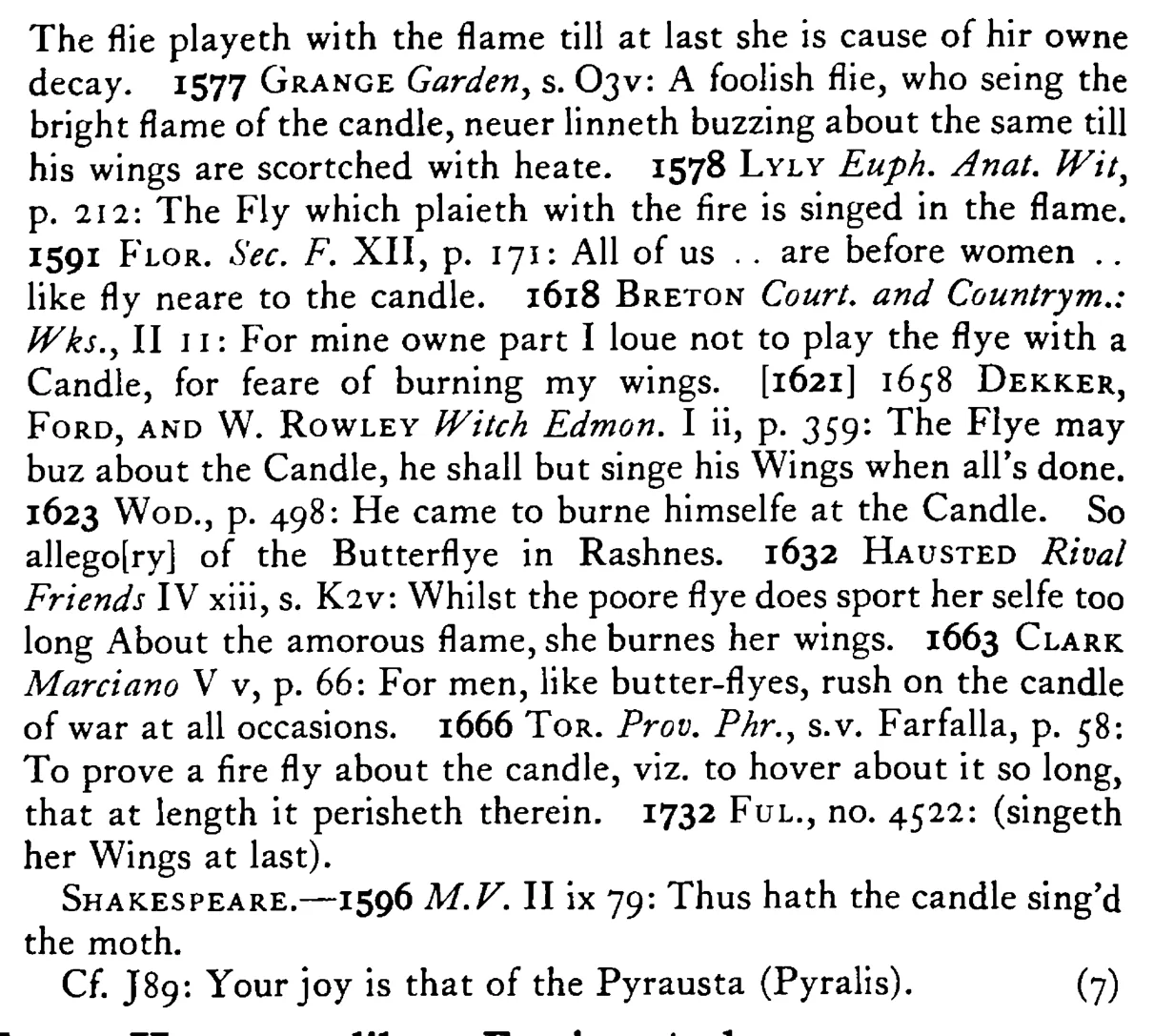The FLY (moth) that plays too long in the candle singes its wings at last - a scanned entry from Tilley's 1950 Dictionary of Proverbs. (continuation)