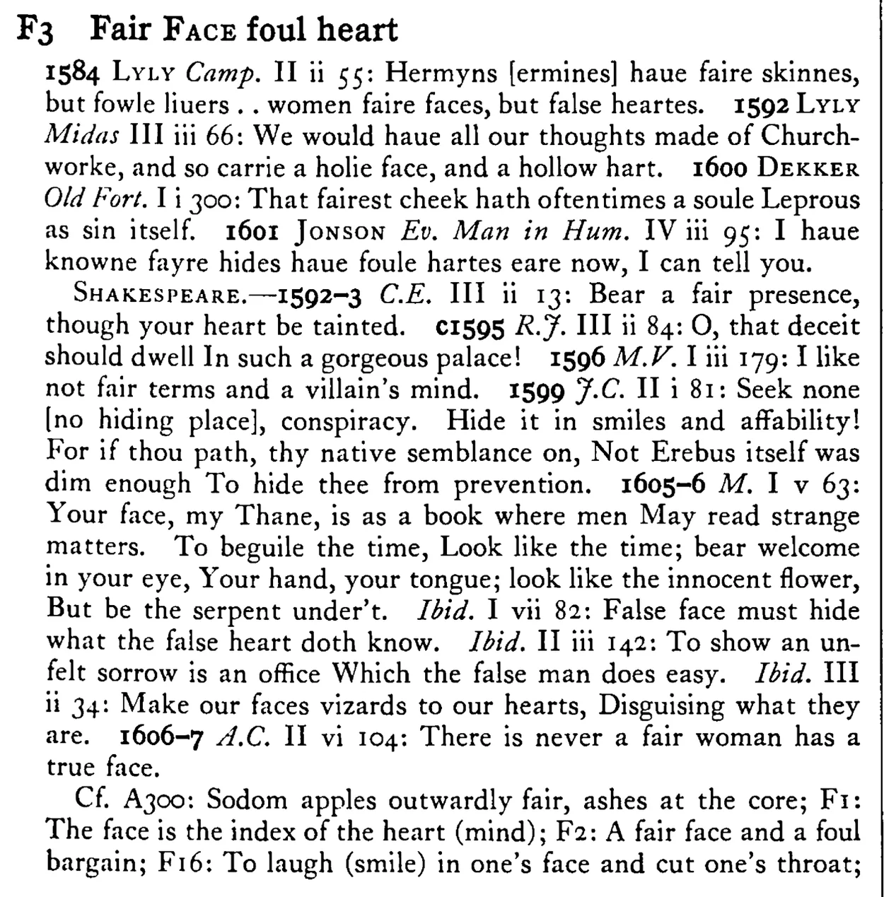 Fair FACE foul heart - a scanned entry from Tilley's 1950 Dictionary of Proverbs.