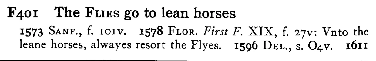 The FLIES go to lean horses - a scanned entry from Tilley's 1950 Dictionary of Proverbs.