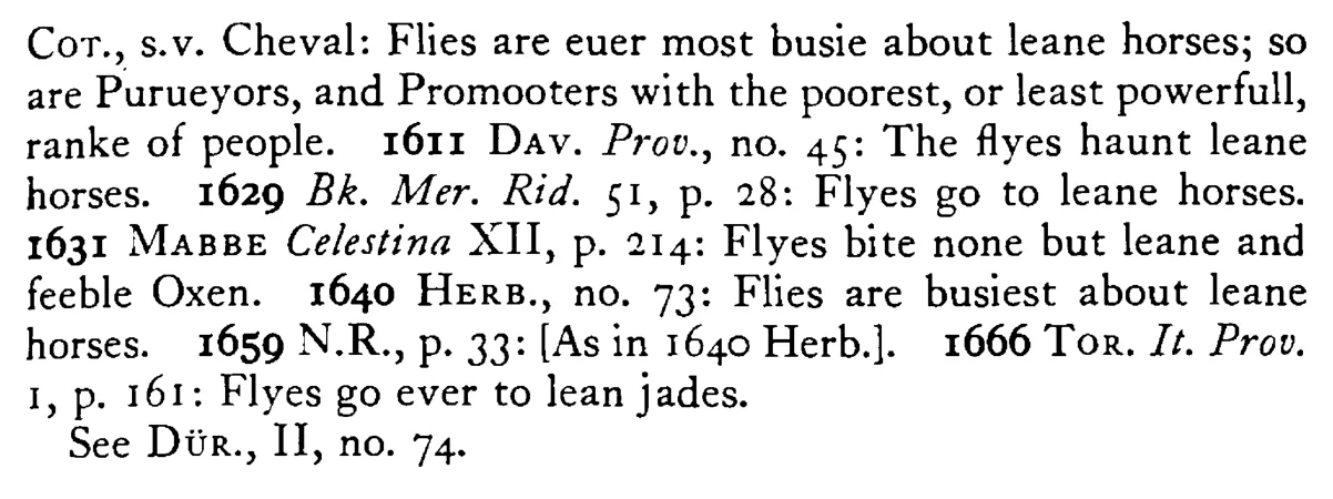 The FLIES go to lean horses - a scanned entry from Tilley's 1950 Dictionary of Proverbs. (continuation)