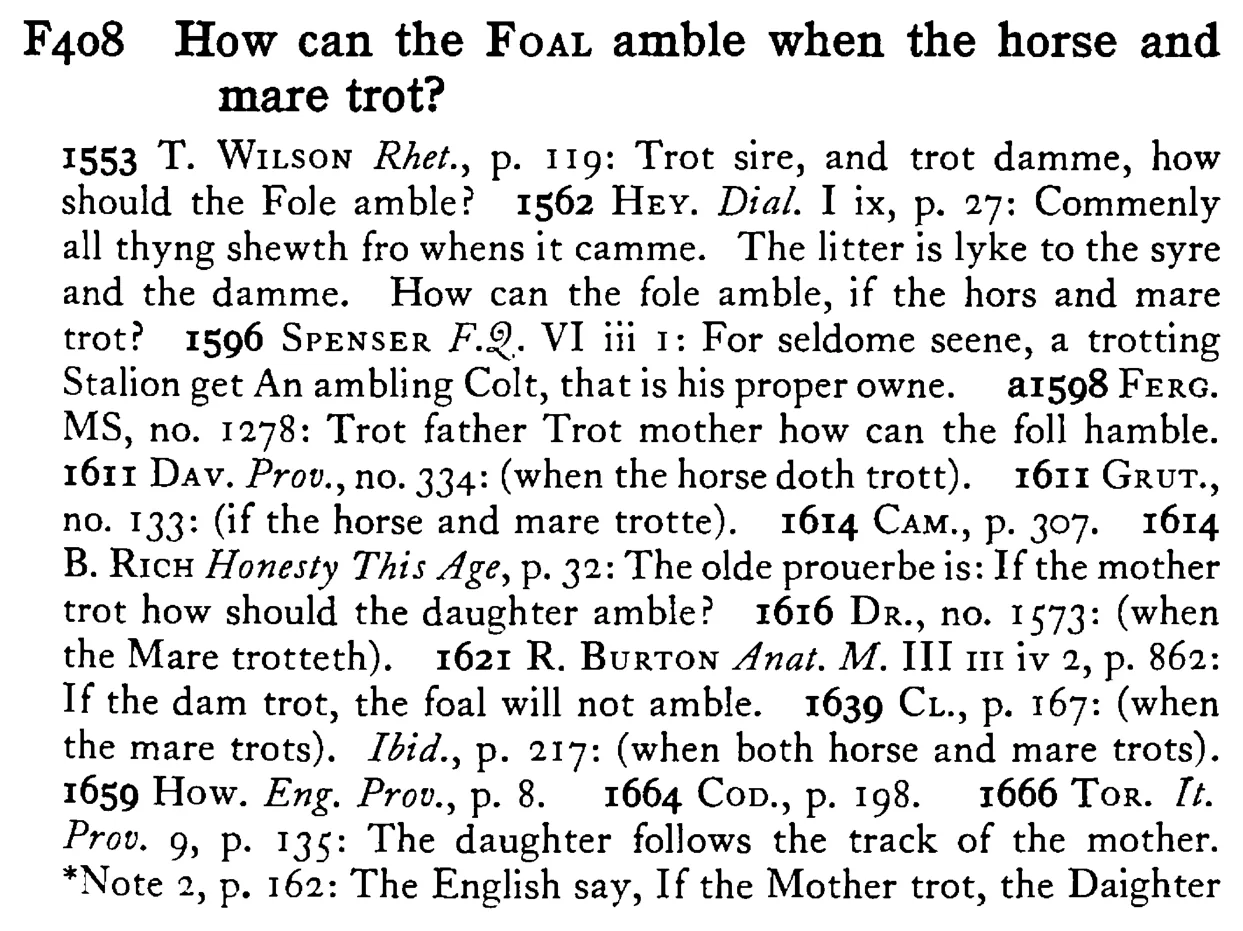 How can the FOAL amble when the horse and mare trot? - a scanned entry from Tilley's 1950 Dictionary of Proverbs.