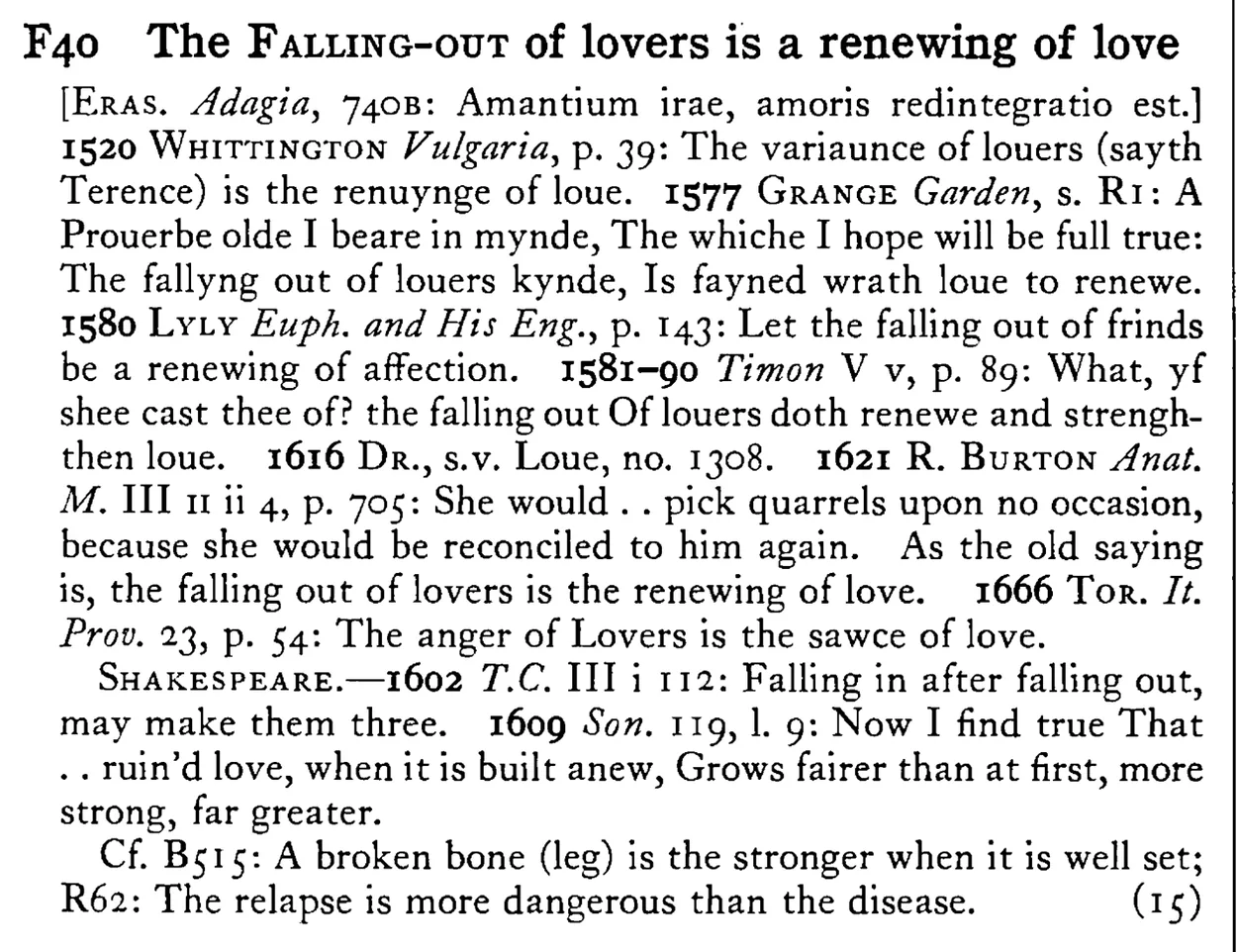 The FALLING-OUT of lovers is a renewing of love - a scanned entry from Tilley's 1950 Dictionary of Proverbs.