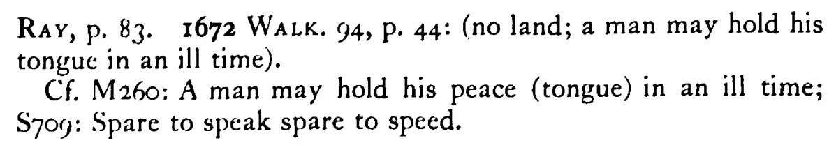 Dumb FOLKS get no lands - a scanned entry from Tilley's 1950 Dictionary of Proverbs. (continuation)