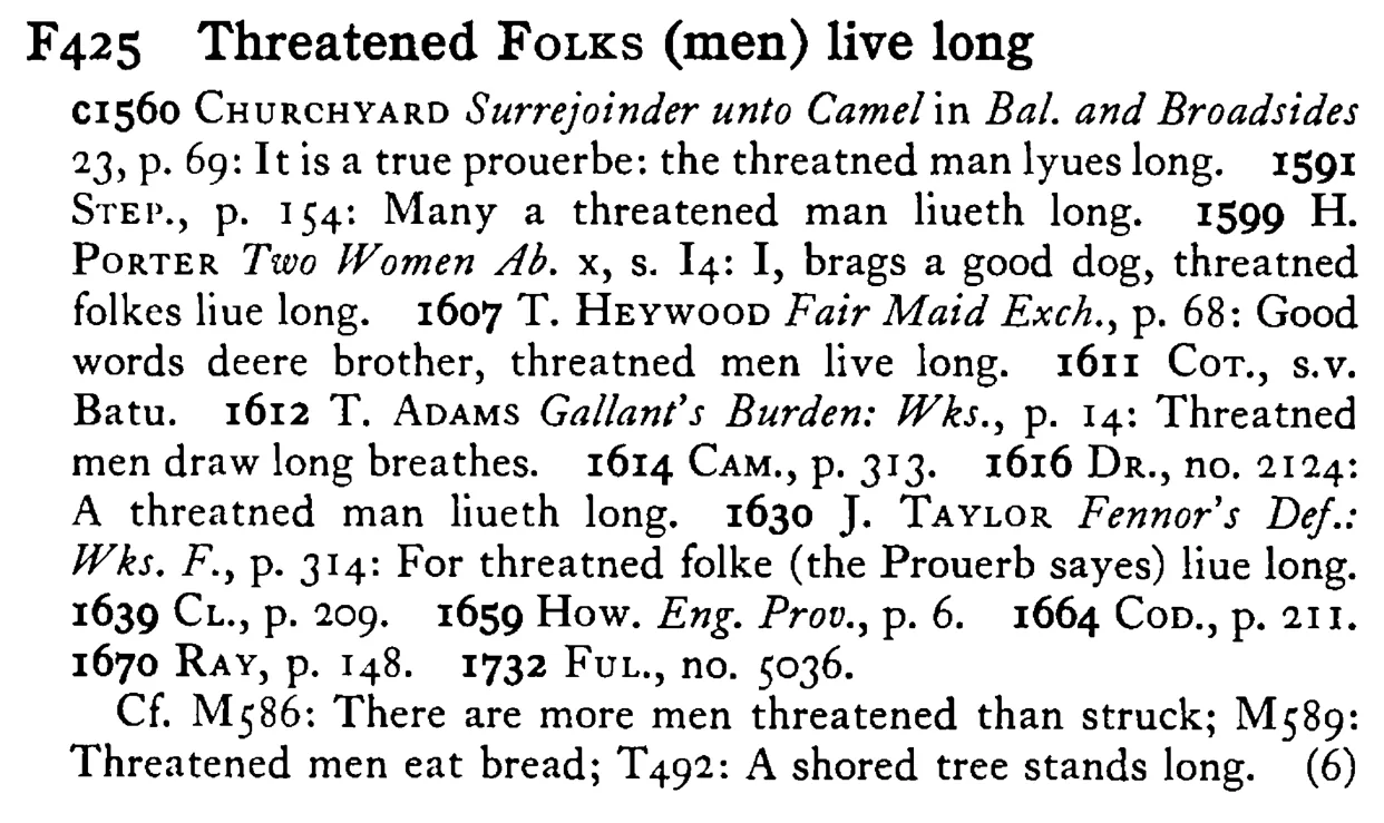 Threatened FOLKS (men) live long - a scanned entry from Tilley's 1950 Dictionary of Proverbs.