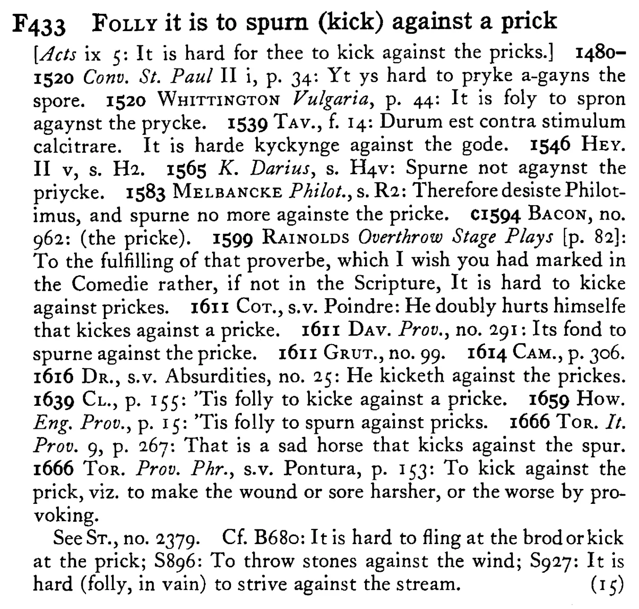 FOLLY it is to spurn (kick) against a prick - a scanned entry from Tilley's 1950 Dictionary of Proverbs.