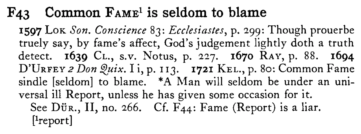 Common FAME¹ is seldom to blame - a scanned entry from Tilley's 1950 Dictionary of Proverbs.