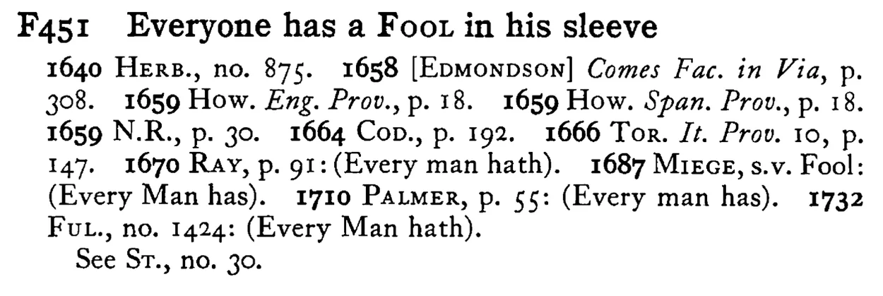 Everyone has a FOOL in his sleeve - a scanned entry from Tilley's 1950 Dictionary of Proverbs.