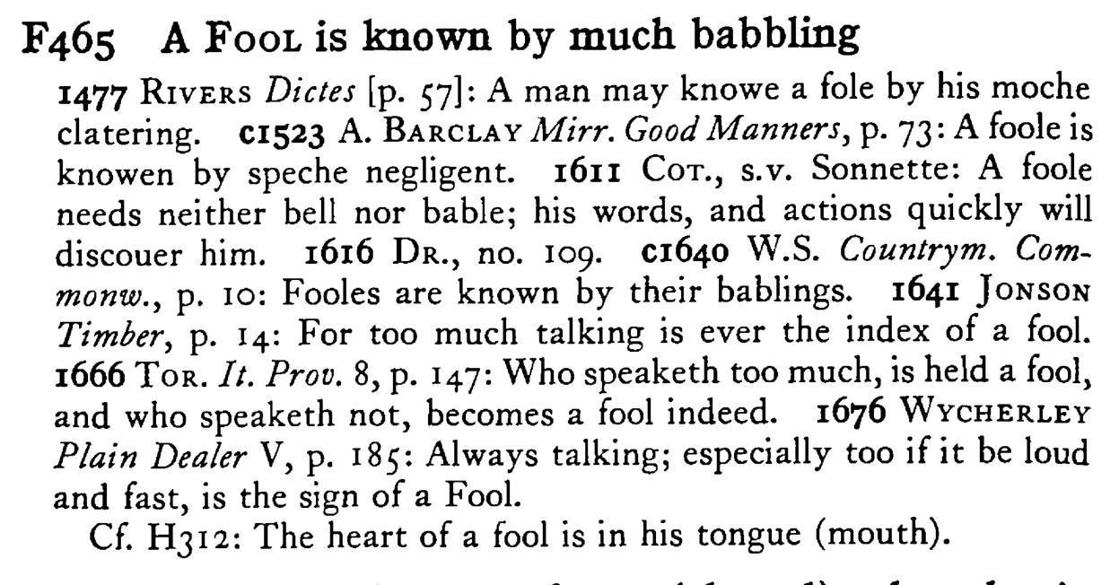 A FOOL is known by much babbling - a scanned entry from Tilley's 1950 Dictionary of Proverbs.