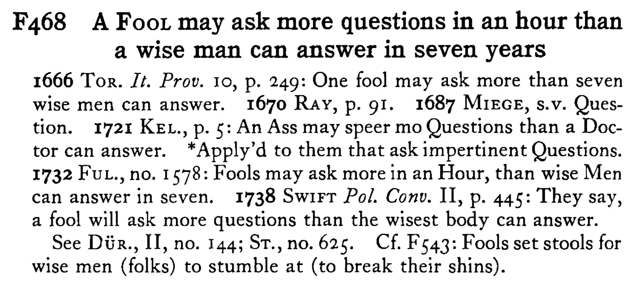 A FOOL may ask more questions in an hour than a wise man can answer in seven years - a scanned entry from Tilley's 1950 Dictionary of Proverbs.