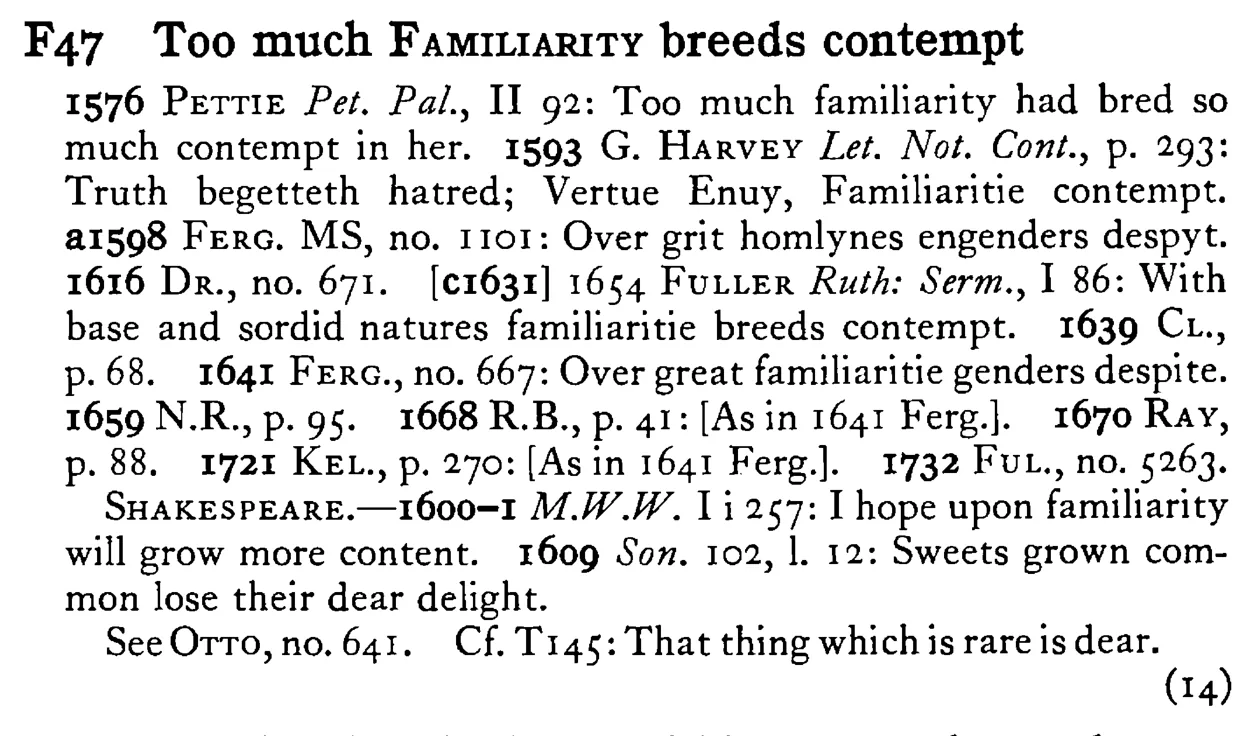 Too much FAMILIARITY breeds contempt - a scanned entry from Tilley's 1950 Dictionary of Proverbs.