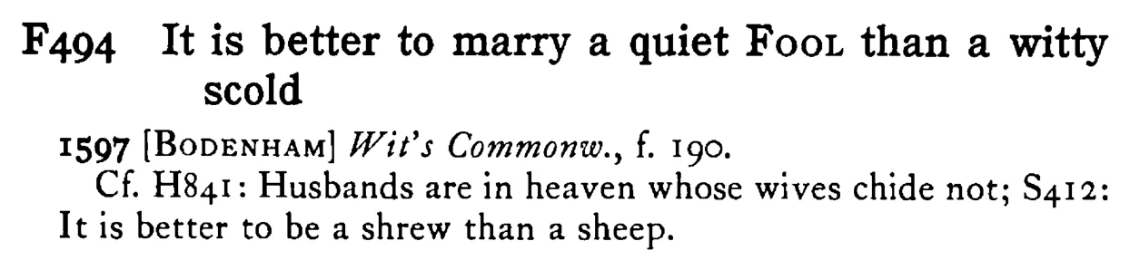 It is better to marry a quiet FOOL than a witty scold - a scanned entry from Tilley's 1950 Dictionary of Proverbs.