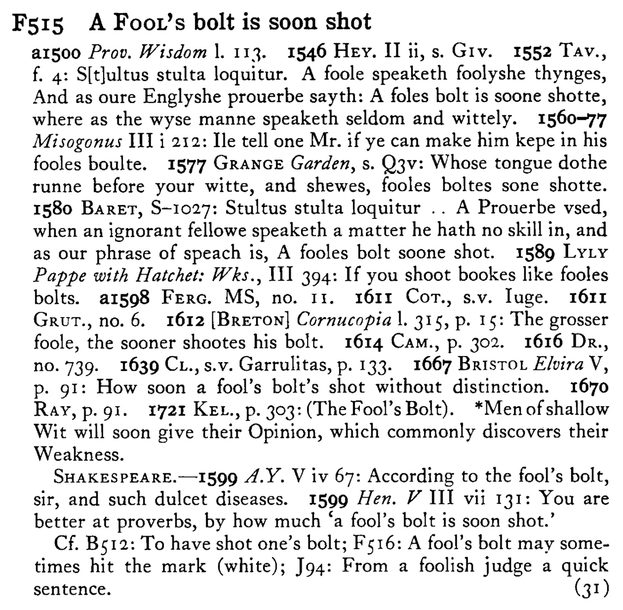 A FOOL's bolt is soon shot - a scanned entry from Tilley's 1950 Dictionary of Proverbs.