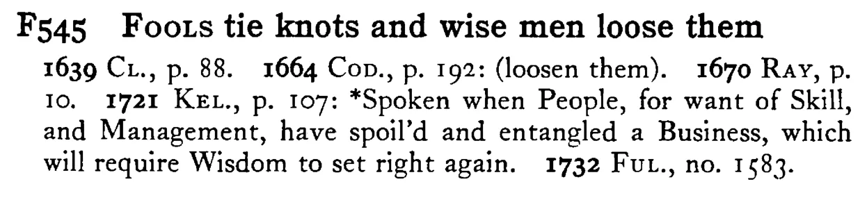 FOOLS tie knots and wise men loose them - a scanned entry from Tilley's 1950 Dictionary of Proverbs.