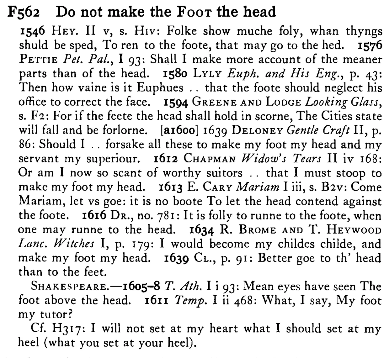 Do not make the FOOT the head - a scanned entry from Tilley's 1950 Dictionary of Proverbs.