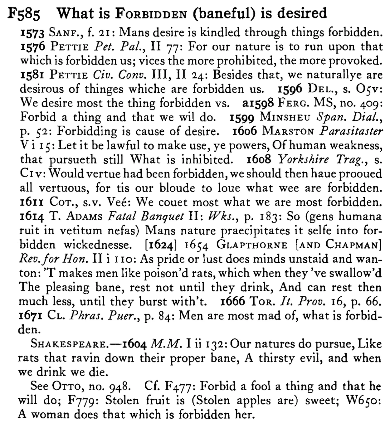 What is FORBIDDEN (baneful) is desired - a scanned entry from Tilley's 1950 Dictionary of Proverbs.