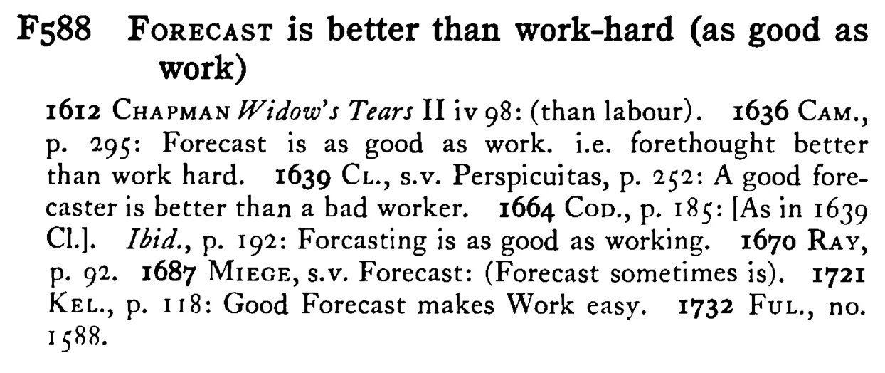 FORECAST is better than work-hard (as good as work) - a scanned entry from Tilley's 1950 Dictionary of Proverbs.