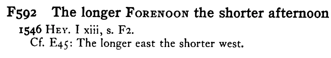 The longer FORENOON the shorter afternoon - a scanned entry from Tilley's 1950 Dictionary of Proverbs.