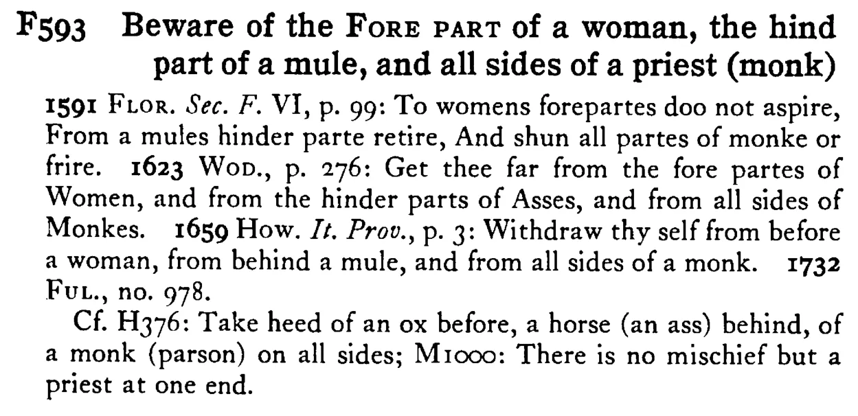Beware of the FORE PART of a woman, the hind part of a mule, and all sides of a priest (monk) - a scanned entry from Tilley's 1950 Dictionary of Proverbs.