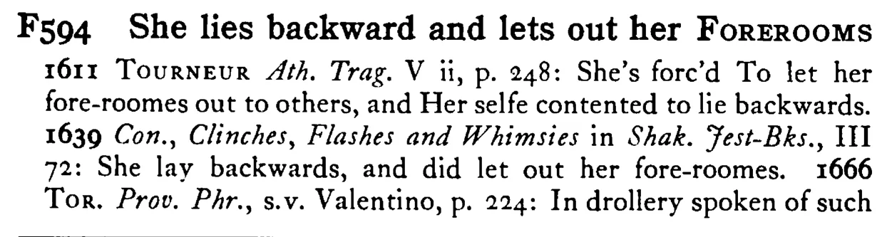 She lies backward and lets out her FOREROOMS - a scanned entry from Tilley's 1950 Dictionary of Proverbs.