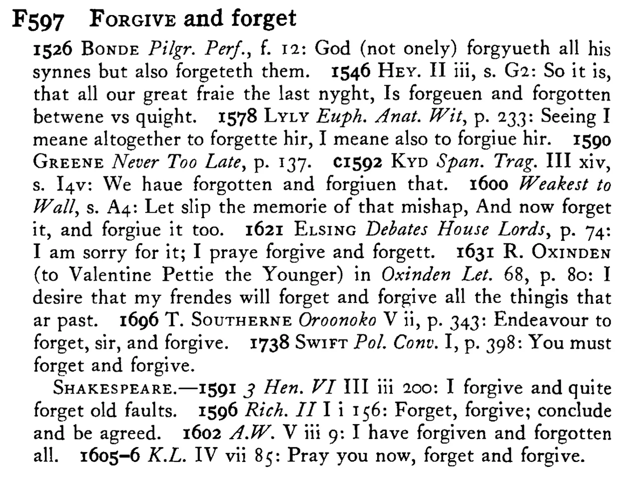 FORGIVE and forget - a scanned entry from Tilley's 1950 Dictionary of Proverbs.