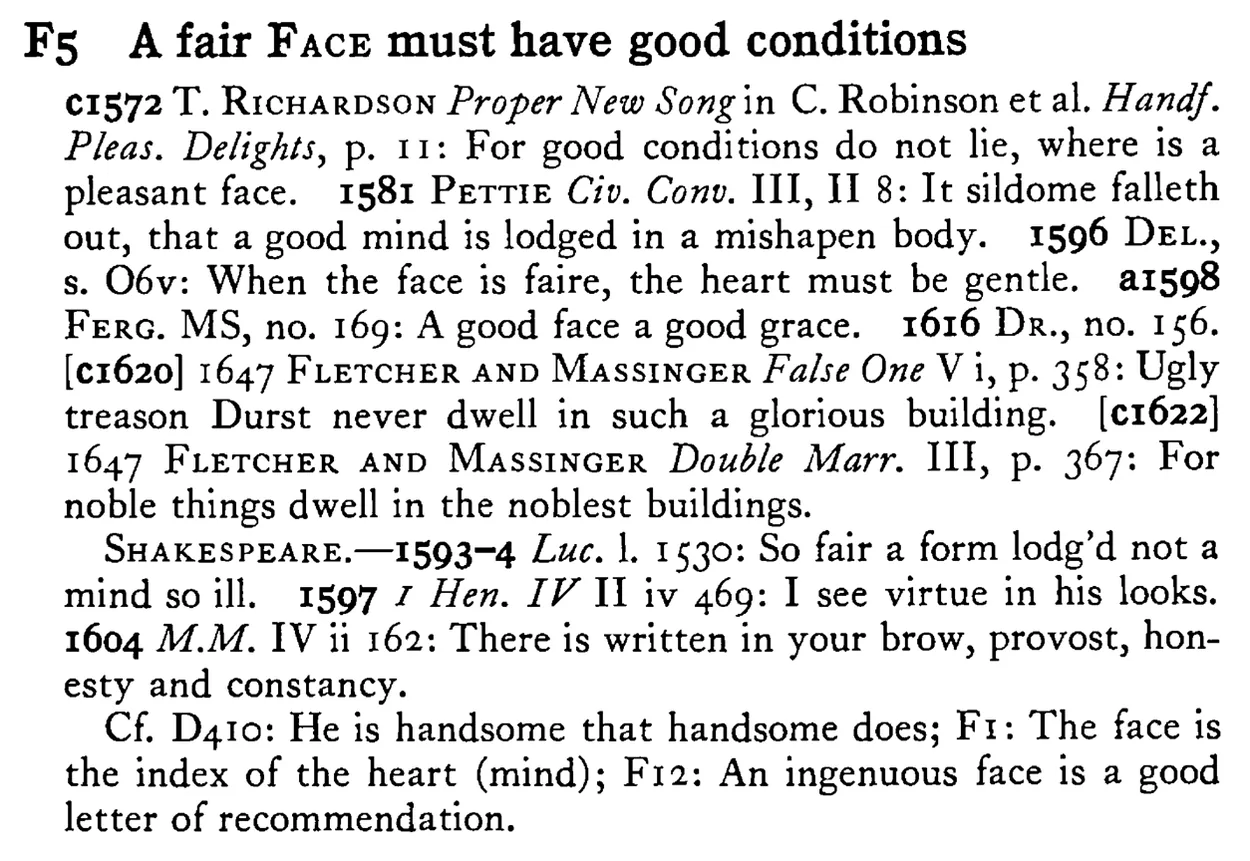 A fair FACE must have good conditions - a scanned entry from Tilley's 1950 Dictionary of Proverbs.