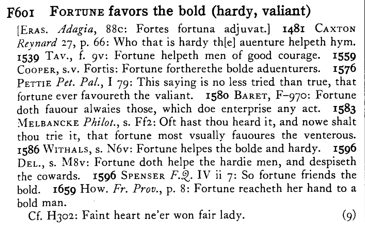 FORTUNE favors the bold (hardy, valiant) - a scanned entry from Tilley's 1950 Dictionary of Proverbs.
