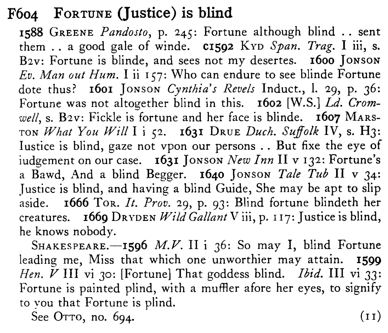 FORTUNE (Justice) is blind - a scanned entry from Tilley's 1950 Dictionary of Proverbs.