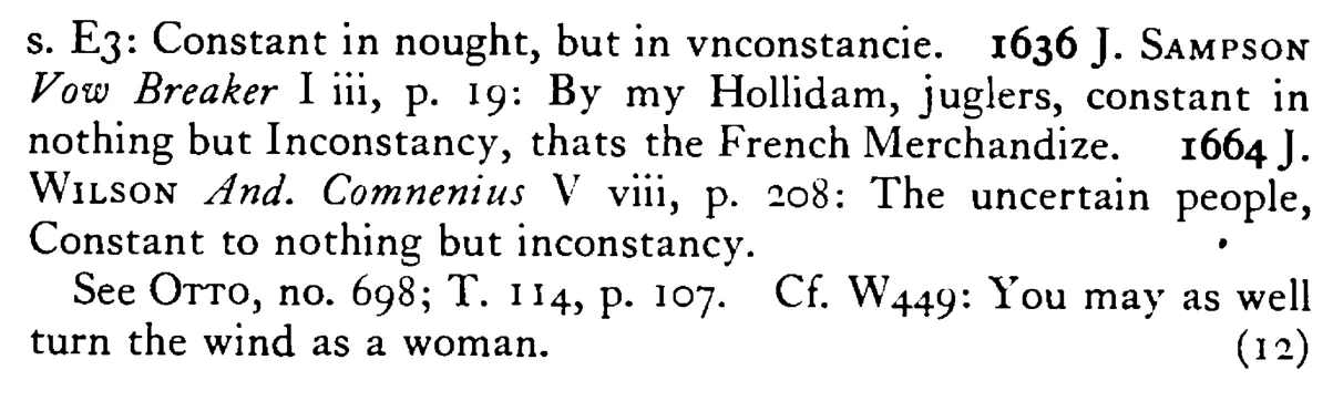 FORTUNE (Woman) is constant only in inconstancy - a scanned entry from Tilley's 1950 Dictionary of Proverbs. (continuation)