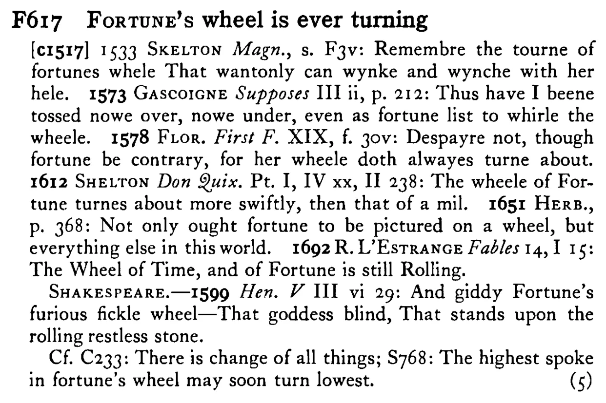 FORTUNE's wheel is ever turning - a scanned entry from Tilley's 1950 Dictionary of Proverbs.