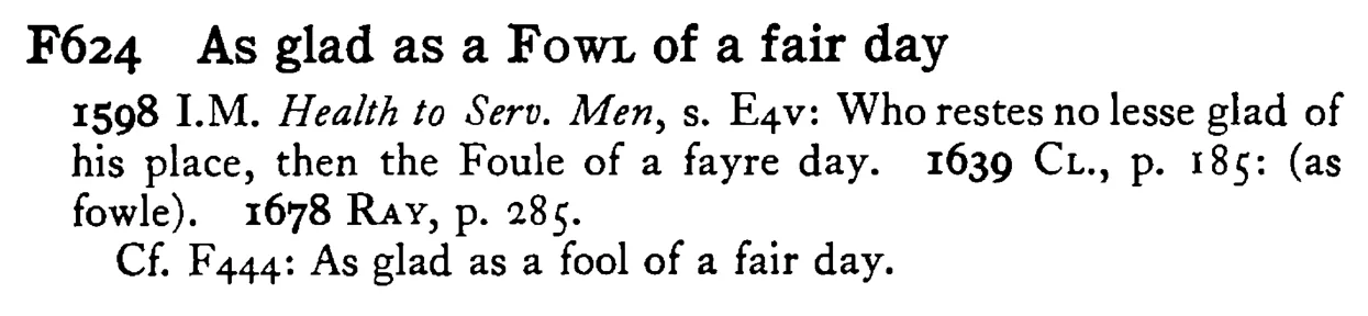 As glad as a FOWL of a fair day - a scanned entry from Tilley's 1950 Dictionary of Proverbs.