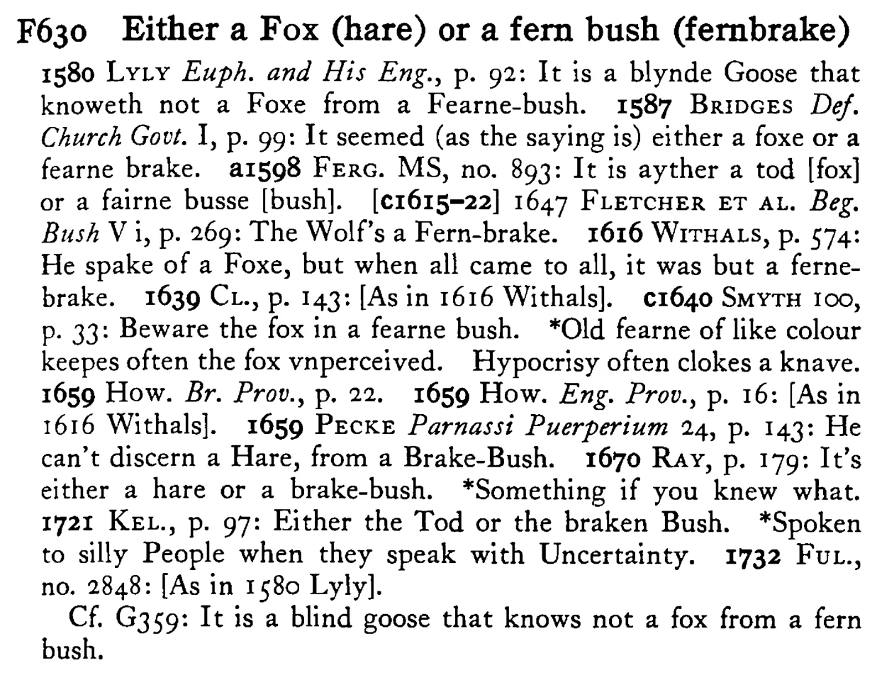 Either a FOX (hare) or a fern bush (fernbrake) - a scanned entry from Tilley's 1950 Dictionary of Proverbs.