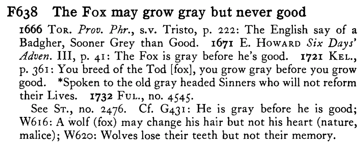 The FOX may grow gray but never good - a scanned entry from Tilley's 1950 Dictionary of Proverbs.