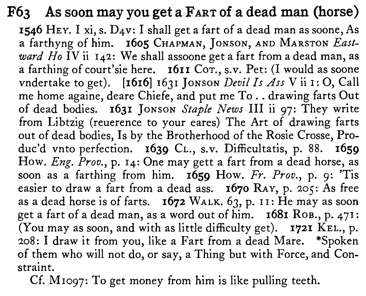 As soon may you get a FART of a dead man (horse) - a scanned entry from Tilley's 1950 Dictionary of Proverbs.
