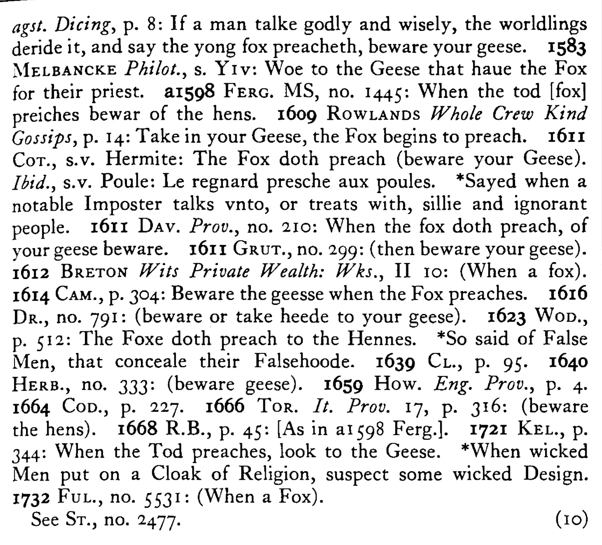 When the FOX preaches beware the geese - a scanned entry from Tilley's 1950 Dictionary of Proverbs. (continuation)