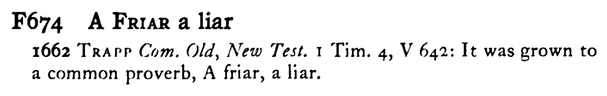 A FRIAR a liar - a scanned entry from Tilley's 1950 Dictionary of Proverbs.