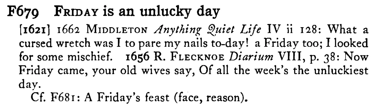 FRIDAY is an unlucky day - a scanned entry from Tilley's 1950 Dictionary of Proverbs.